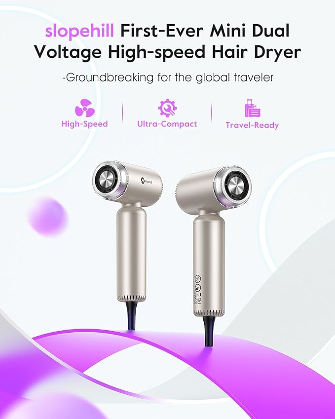 slopehill Travel Dual Voltage Hair Dryer, Ionic Blow Dryer for Women, Compact & Lightweight, High-Speed Fast Drying, Portable Hairdryer, European 110-120V/220-240V