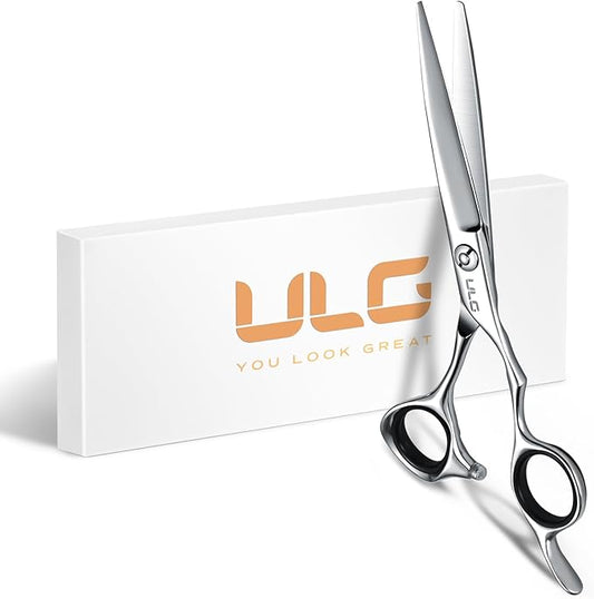 ULG Professional Hair Cutting Scissors 6.5 Inch – Japanese Stainless Steel Barber Shears for Salon & Home Haircut, Ergonomic Offset Handles with Silencer, Hand-Honed Sharp Blades, Silver
