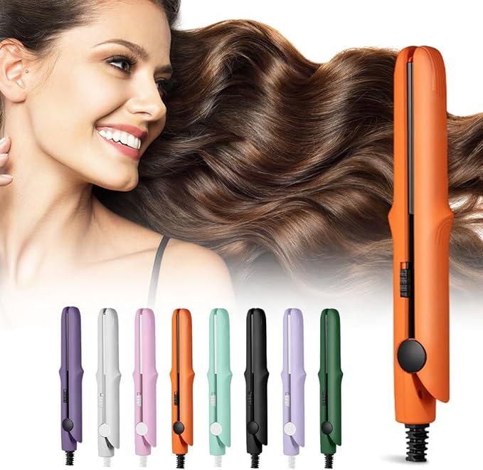 2026 Upgraded Mini Dual Purpose Curling Iron, 2-in-1 Mini Curling Wand Flat Iron Hair Straightener, Portable Travel Curling Wand for Short and All Hair Types (Orange)