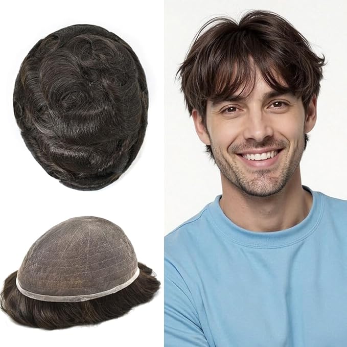 Toupee For Men Real Human Hair System Full Swiss Lace Mens Toupee Lace Hair Piece For Men Hair System Bleached Knots 8x10 120% Medium light density 2# DARKEST BROWN