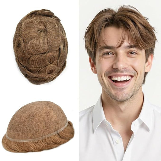 Toupee For Men Real Human Hair System Full Swiss Lace Mens Toupee Lace Hair Piece For Men Hair System Bleached Knots 7x9-90% light density17R#