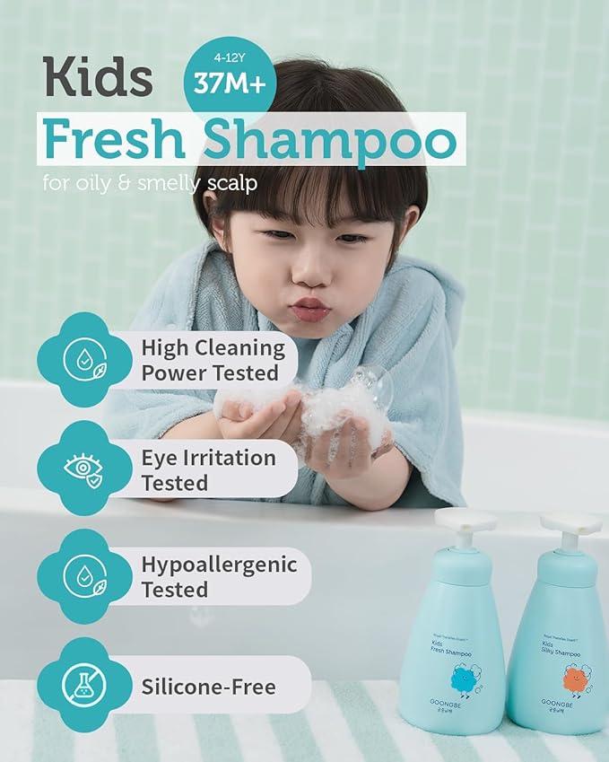 GOONGBE Kids' Korean Silicone-Free Low pH Fresh Shampoo & Conditioner for Sensitive Scalp - Deep Cleansing for Oily Scalps & Softening for Weak, Frizzy Hair - Allergen-Free Scent, 10.1 fl.oz & 6.76 oz