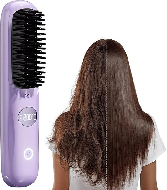 Go Brush Pro, 2026 Upgraded Cordless Hair Straightener Brush, Fast Heating Portable Hair Straightener Comb for Women Travel Essentials 3 Adjustable Temperature (Purple)