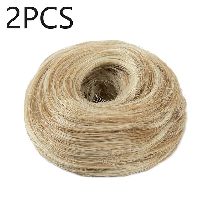 2PCS Small Cute Messy Bun Hair Piece for Thin Hair Women Mini Synthetic Curly Bun Scrunchies Updo Hairpieces Honey Blonde And Bleach Blonde