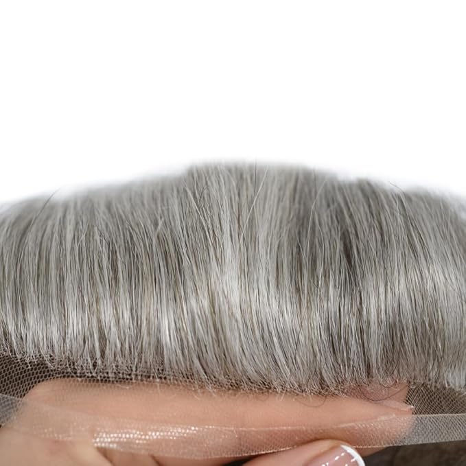 Toupee For Men Real Human Hair System For Men Full Swiss Lace Mens Toupee Lace Hair Piece For Men Hair System Bleached Knots 8x10-90% light density#380 3# DARK BROWN+80% GREY