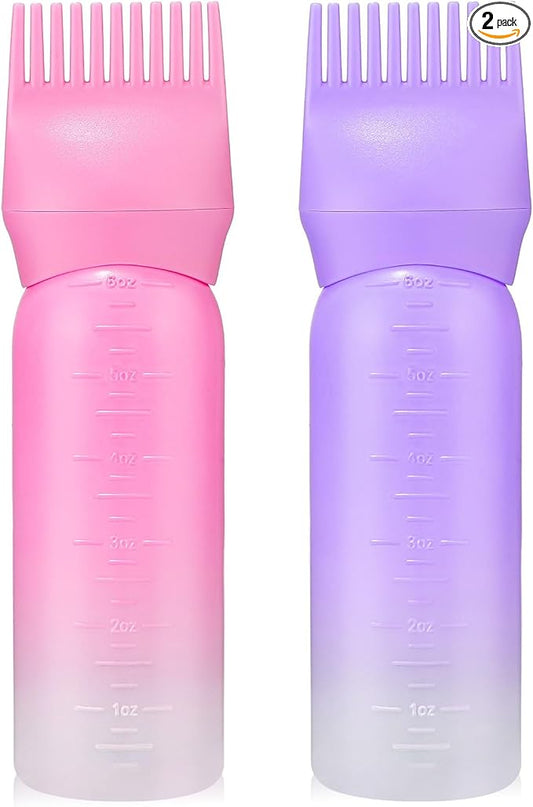 Pimoys 2 Pack Root Comb Applicator Bottle 6 Ounce Oil Applicator for Hair Dye Hair Oiling Bottle Applicator Brush with Graduated Scale, Gradient Color