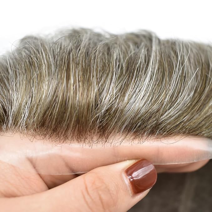 Toupee for Men Real Human Hair Swiss Lace Hairpiece for Men Hair Replacement System Poly Coated Mens Hairpieces Mens Hair System 6X8-120% Density 740# 7# VERY LIGHT BROWN+40% GREY
