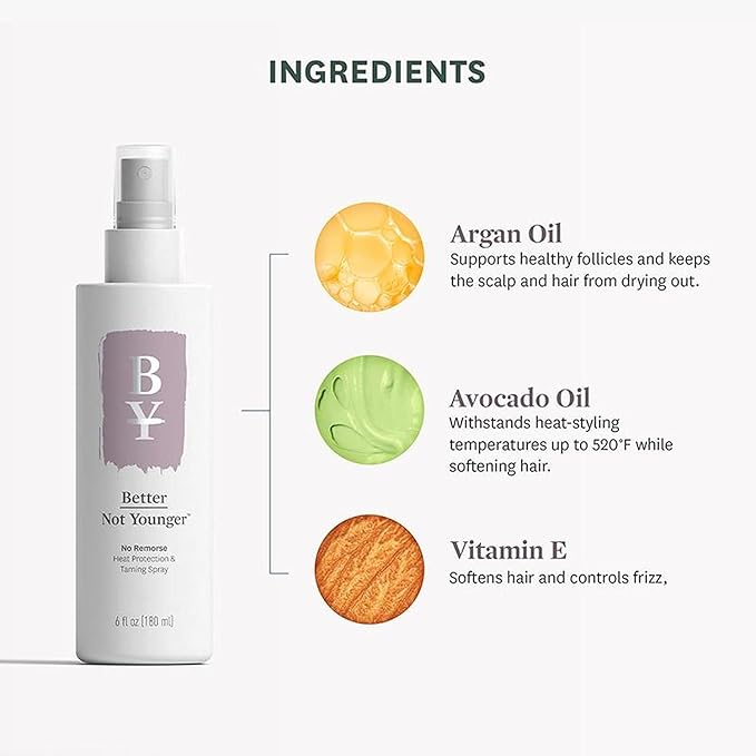 Better Not Younger Heat Protection & Taming Spray for Women Over 40-6oz – No Remorse Hair Mist with Vitamin E, Avocado & Argan Oils – Heat Protectant Spray that Protects, Smooths & Controls Frizz.