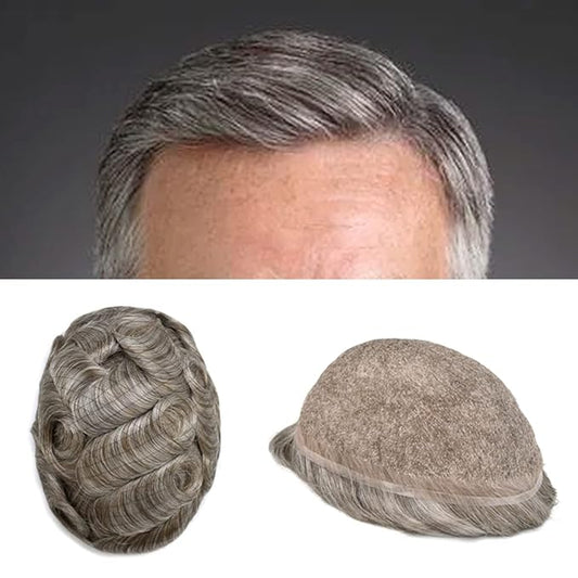 Toupee For Men Real Human Hair System For Men Full Swiss Lace Mens Toupee Lace Hair Piece For Men Hair System Bleached Knots 8x10-80% light density#365 3# DARK BROWN+65% GREY