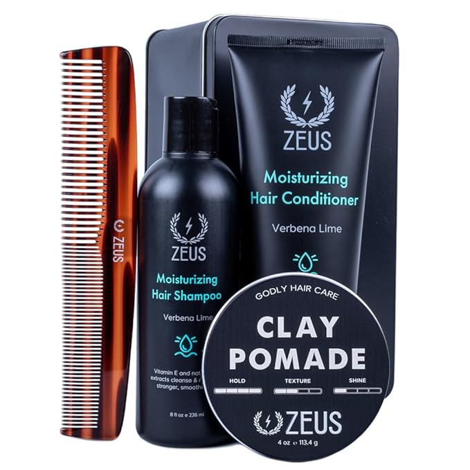 ZEUS Hair Wash & Pomade Set for Men, Moisturizing Shampoo, Hydrating Conditioner, Hair Comb & Styling Hair Pomade with Gift Tin (Clay Pomade)