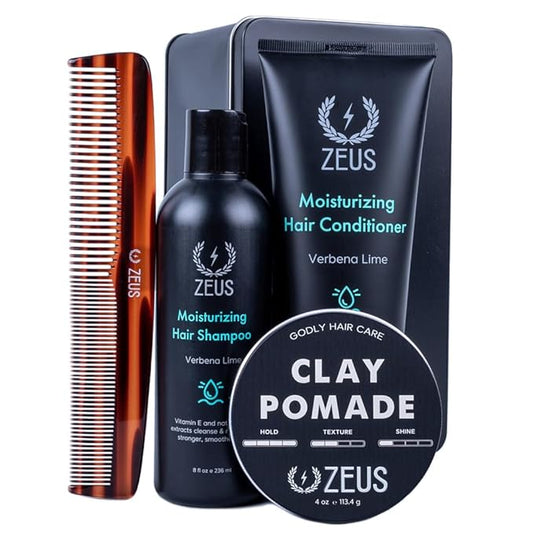 ZEUS Hair Wash & Pomade Set for Men, Moisturizing Shampoo, Hydrating Conditioner, Hair Comb & Styling Hair Pomade with Gift Tin (Clay Pomade)