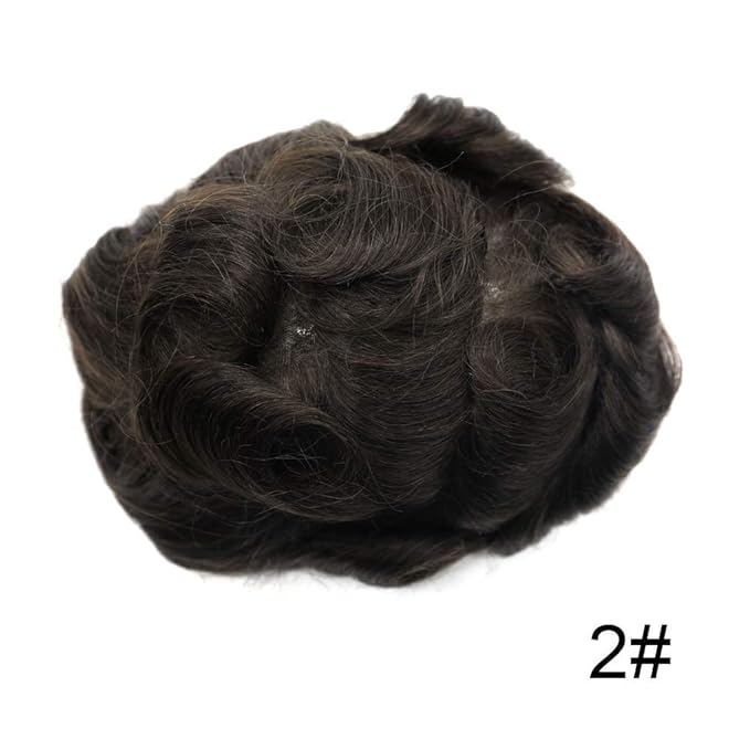 Mens Toupee Human Hair System Durable Fine Mono Lace Men Replacement PU Poly Skin Around Light to Medium Density Wig Hairpiece (5"X7", 2 Darkest Brown)