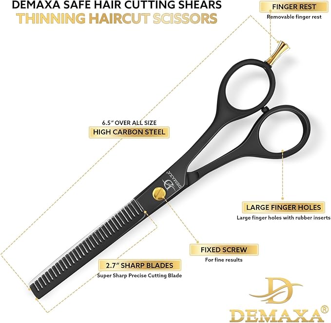 Thinning Shears for Hair Cutting - DEMAXA Hair Thinning Scissors Professional Barber’s Texturizing Shears for Salon & Home Use - 6.5-inch Black High Carbon Stainless Steel Thinning Sheers