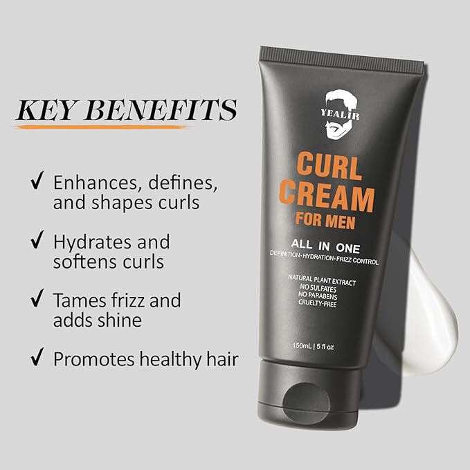 Curl Cream for Men, 5oz | Defines Curls, Controls Frizz & Hydrates with Medium Hold | Sulfate-Free, Organic & Natural Ingredients | Lightweight, Non-Greasy Styling Cream for Wavy & Curly Hair