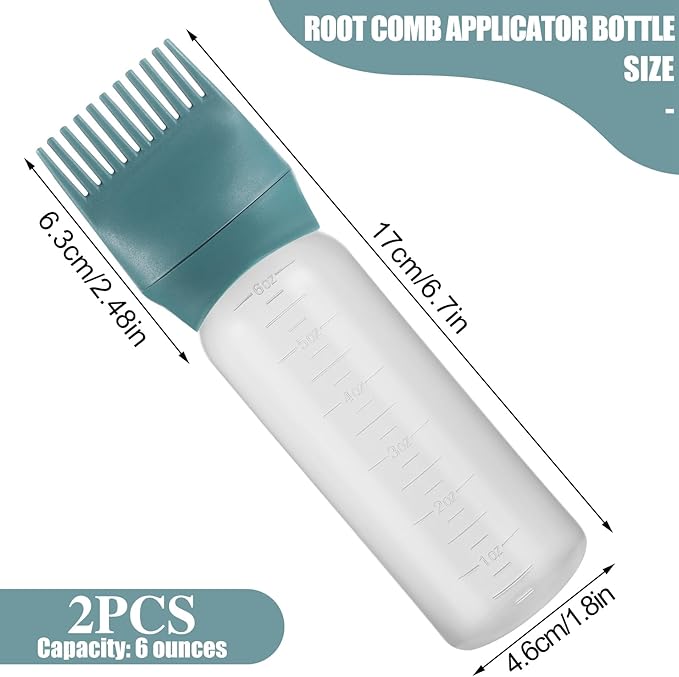 Pimoys Hair Oil Applicator Bottle 6 Ounce, 2 Pack Root Comb Applicator Bottles Hair Dye Bottle Oiling Applicator Brush with Graduated Scale, Dark Blue