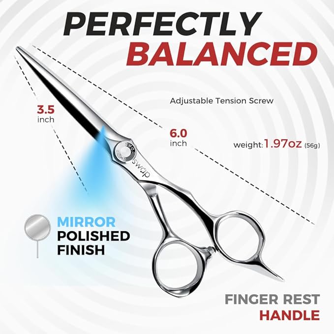 SWAP Professional Hair Cutting Scissors - 6.0'' Japanese SUS 440C Steel Barber Scissors, 60-62HRC Sharp Edge Blade with Adjustable Tension Screw for Salon & Home Use（6.0'' Hair Shears）