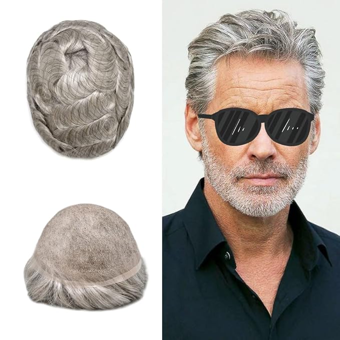 Toupee For Men Real Human Hair System For Men Full Swiss Lace Mens Toupee Lace Hair Piece For Men Hair System Bleached Knots 8x10-90% light density#380 3# DARK BROWN+80% GREY