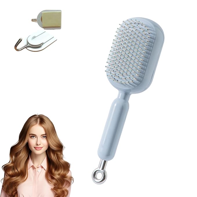 Retractable Cushion Massage Comb, Anti-Static Scalp Massager Tool, Retractable Self Cleaning Hair Brush for Women, Ergonomic Handle Hair Comb for All Types of Hairs and Wigs (Blue)