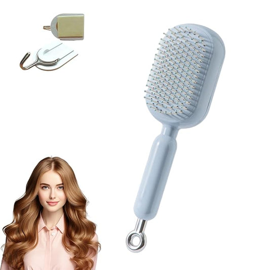 Retractable Cushion Massage Comb, Anti-Static Scalp Massager Tool, Retractable Self Cleaning Hair Brush for Women, Ergonomic Handle Hair Comb for All Types of Hairs and Wigs (Blue)