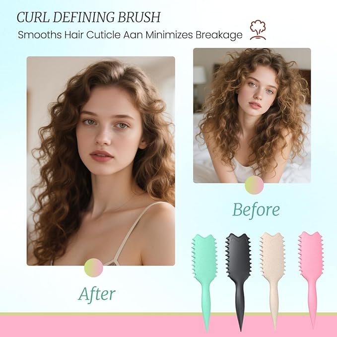 Curly Hair Brush Boar Bristles Curl Defining Brush With 2 Psc Silk Scrunchies Detangling Brush For Curly Hair Detangling Brush Styling Comb Curling Curling Brush (Pink)