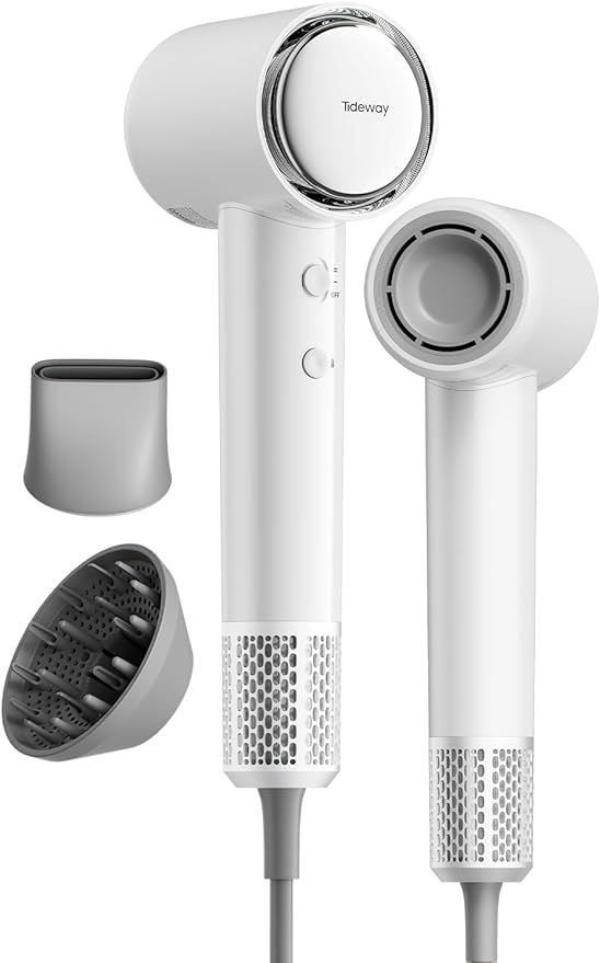 Tideway Hair Dryer, Blow Dryer with Diffuser, Ionic Professional High-Speed 1500W Low-Noise, 110,000 RPM Brushless Motor, Fast Drying, Travel Compact for Women & Men (White)