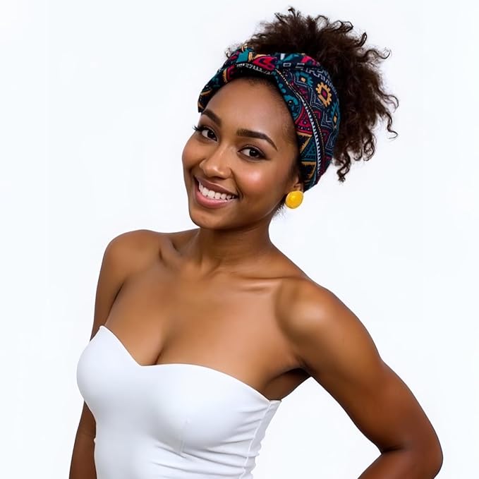 1 Pack Boho Headbands Stretch Paisley Print Bandana Headband Criss Cross Hair Bands Knotted Head Wrap Yoga Daily for Women and Girls (Teal Ethnic)