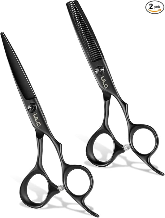 ULG Hair Cutting Scissors Set 2-Pack Haircut Shears and Hair Thinning Scissors Ergonomic Handle Lightweight Hairdressing Shears for Home and Salon Use, Matte Black