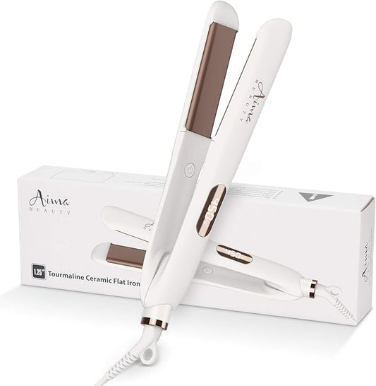 1¼ Inch Titanium Nano Flat Iron, Aima Beauty 2 in 1 Hair Straightener with 3D Floating Ceramic Coating Plates for Healthy Styling & Thin Hair, LCD Temp Display, Dual Voltage, White