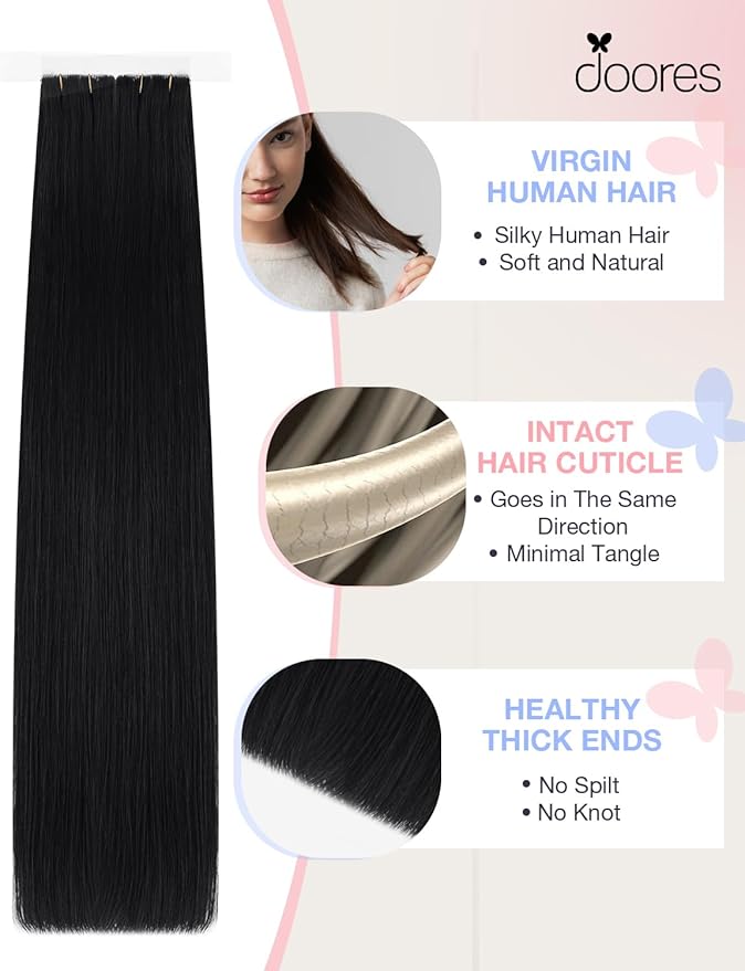DOORES Seamless Tape in Extensions Human Hair Invisi Edge, Jet Black 10 Injection Tape-ins with 10 Injection Tape-ins 50g 24 Inch, Injected Tape in Extensions Virgin Hair Thick