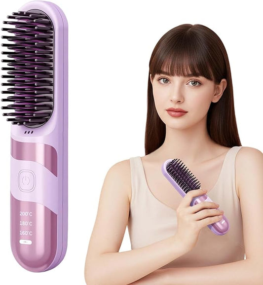 Cordless Hair Straightener Brush, 2026 Updated Mini Portable Hair Straightener for Travel, Fast Heating Straightening Brush, USB Ceramic Electric Hair Comb for Women Straightening and Curling(Purple)