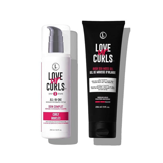 Love Ur Curls® All-in-One Curl Cream Styler for Curly Hair and Irish Sea Moss Hair Gel Bundle, Define, Hydrate and Style with Shea Butter, Medium Hold Curl Styling Gel to Reduce Excess Frizz