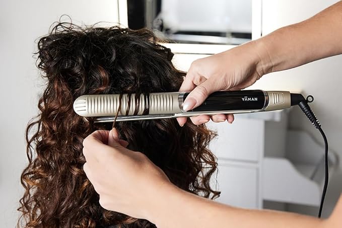 YA-Man Spa Styler Straight + Wave Flat Iron Hair Straightener and Curler 2 in 1 - Advanced Japanese Technology, Dual Voltage, Titanium Tourmaline Plates with Red Light Therapy, 5 Heat Settings (Gold)