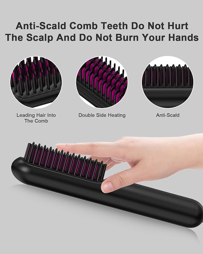 Rechargeable Hair Straightener Brush - 6400mAh Large Capacity Battery - Portable Straightening Brush Comb - Mini Cordless Ionic Straightener for Women - Great for Travel & Home