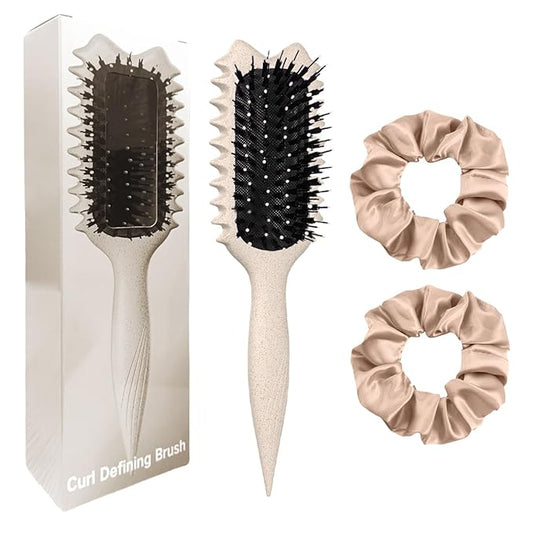 Curly Hair Brush Boar Bristles Curl Defining Brush With 2 Psc Silk Scrunchies Detangling Brush For Curly Hair Detangling Brush Styling Comb Curling Curling Brush (Beige)