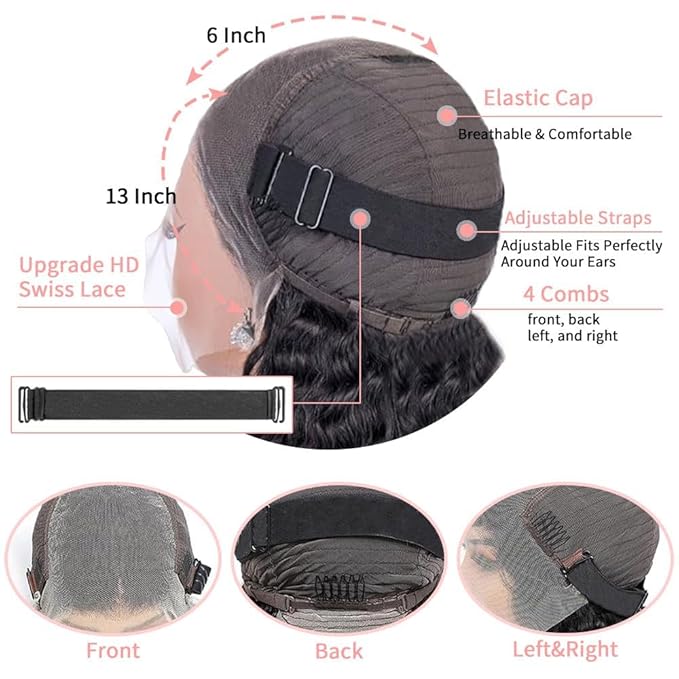 13x6 Deep Wave Lace Front Wigs Human Hair 36 Inch 200 Density HD Lace Frontal Glueless Wigs Human Hair Pre Plucked Deep Curly Natural Black