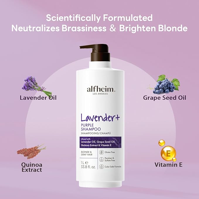 ALFHEIM Lavender+ Purple Brightening Shampoo | Deep Moisturizing, Hydrating ＆ Smoothing | Color-Safe, Sulfate & Paraben-Free Formula, for Silver, Blonde & Highlighted Hair | 33.8 fl oz