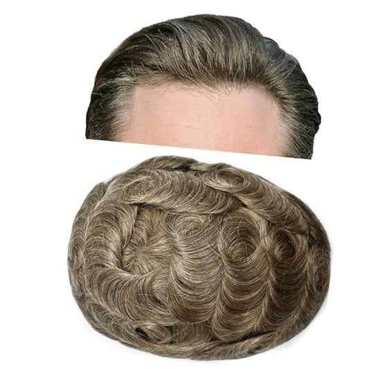 Toupee for Men Real Human Hair Swiss Lace Hairpiece for Men Hair Replacement System Poly Coated Mens Hairpieces Mens Hair System 6X9-80% Light Density 630# 6# LIGHT BROWN +30% GREY