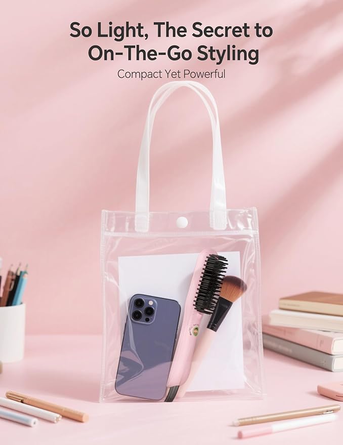 LANDOT Mini Hair Straightening Brush - Compact Heated Ionic Straightener Brush for Frizz-Free, Smooth Results, Lightweight Hot Comb & Travel Flat Iron Perfect for Short Medium Hair, Blush