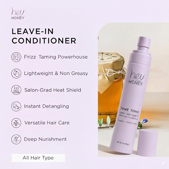 Hey Honey Tame Tonic Honey & Argan Oil Leave-In Conditioner Spray | Frizz‑Taming, Heat‑Protect & Shine‑Boost | Infused with Keratin & Bee Propolis, Sulfate & Paraben Free – 150 mL (5 oz)