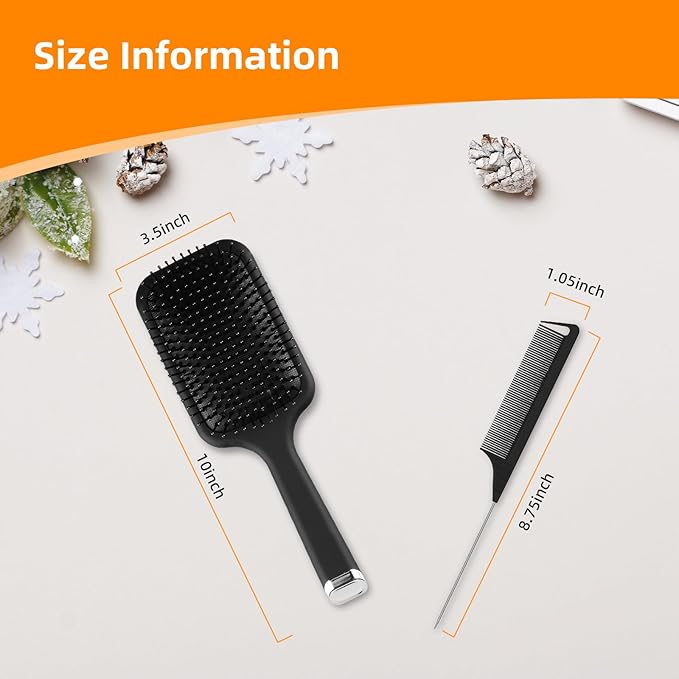 Hair Brush and Comb Set, 2Pcs Paddle Hairbrush Set for Women Men, Detangling Rattail Fine Styling Combs for Curly, Thick, Thin, Wig, Massaging Scalp