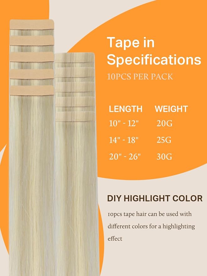 DOORES Tape in Human Hair Extensions - Ash Blonde Highlighted Platinum Blonde, 22 Inch, 30g, 10pcs - Straight Real Hair Tape-ins