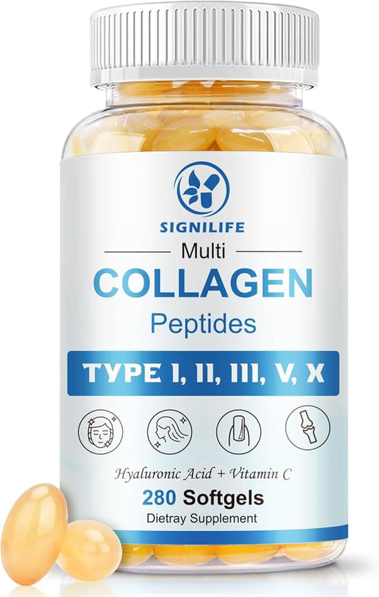 Multi Collagen Peptides for Women & Men, Hydrolyzed Collagen Peptides-Type I, II, III, V, X - with Hyaluronic Acid,Vitamin C,Biotin,Supports Skin Hair Nail, Non-GMO, 280 Softgels