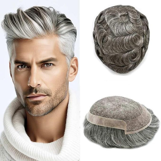 Toupee for Men Real Human Hair Swiss Lace Hairpiece for Men Hair Replacement System Poly Coated Mens Hairpieces Breathable Mens Hair System 6X9-120% Density 260# 2# DARKEST BROWN+60% GREY