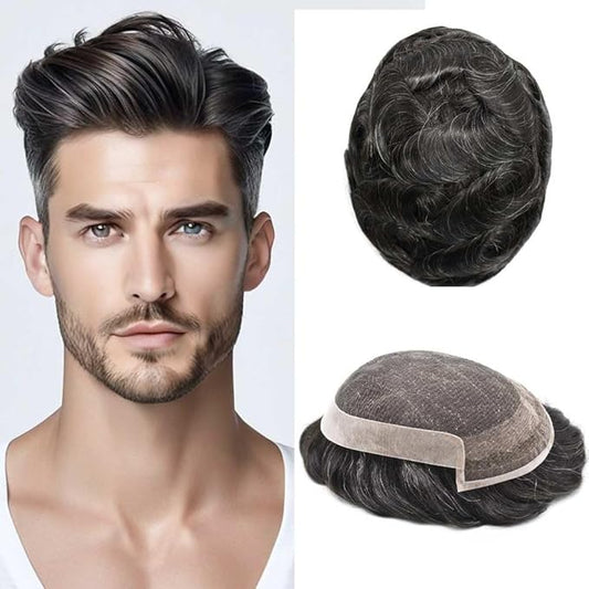 Toupee for Men Real Human Hair Swiss Lace Hairpiece for Men Hair Replacement System Poly Coated Mens Hairpieces Breathable Mens Hair System 6X9-80%Light Density #1B10 1B# OFF BLACK+10%GREY