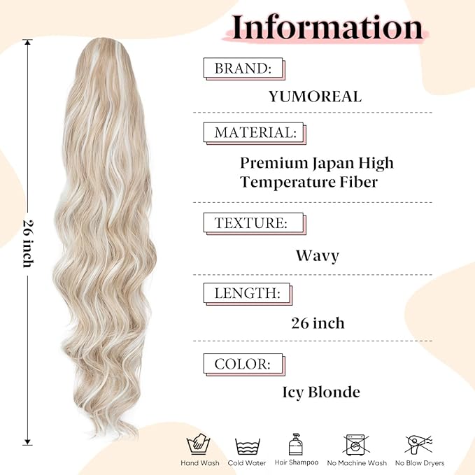 Wavy Drawstring Ponytail Extensions Icy Blonde Long 26 Inch Synthetic Fake Hairpiece for Women