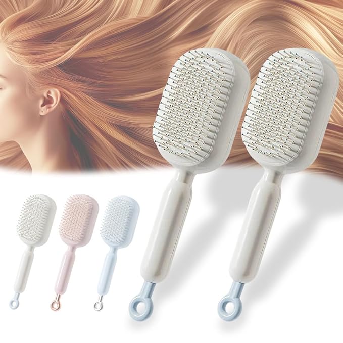 Retractable Cushion Massage Comb Brush, 2026 New Self Cleaning Hair Brush, Anti Static Massage Comb Air Cushion Comb for Women (White, 2pcs)