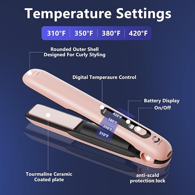2-in-1 Cordless Hair Straightener & Curler – Includes Carrying Pouch – Mini Travel Hair Straightener with LCD Display, USB-C Charging, 4 Temp Modes up to 420°F and Long Battery Life