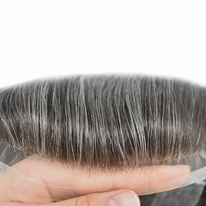 Toupee For Men Real Human Hair System For Men Full Swiss Lace Mens Toupee Lace Hair Piece For Men Hair System Bleached Knots 8x10-80% light density#230 2# DARKEST BROWN+30% GREY