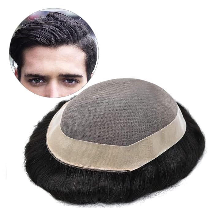 Mens Toupee Human Hair System Durable Fine Mono Lace Men Replacement PU Poly Skin Around Light to Medium Density Wig Hairpiece (7"X10", 1B Off Black)