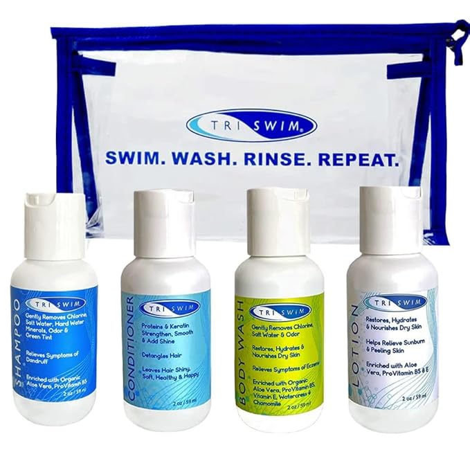 TRISWIM Shot Set in Travel Bag | 2oz Travel Size Chlorine Removal Shampoo, Swimmer’s Conditioner, Swim Body Wash and Lotion | Removes Chlorine, Bromine, Hard Water Minerals & Saltwater and odors